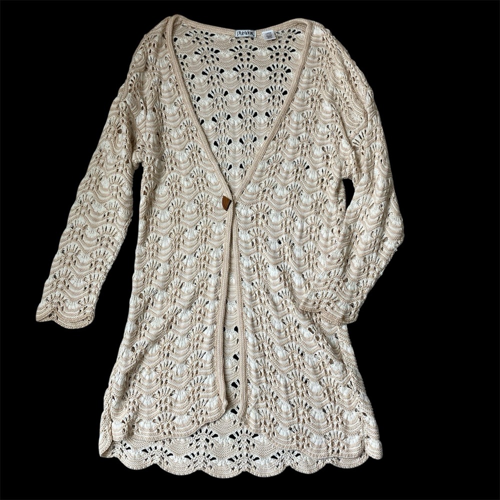 Vintage Boho Crochet Cardigan Duster Beige Open Knit Festival Hippie Size L USA